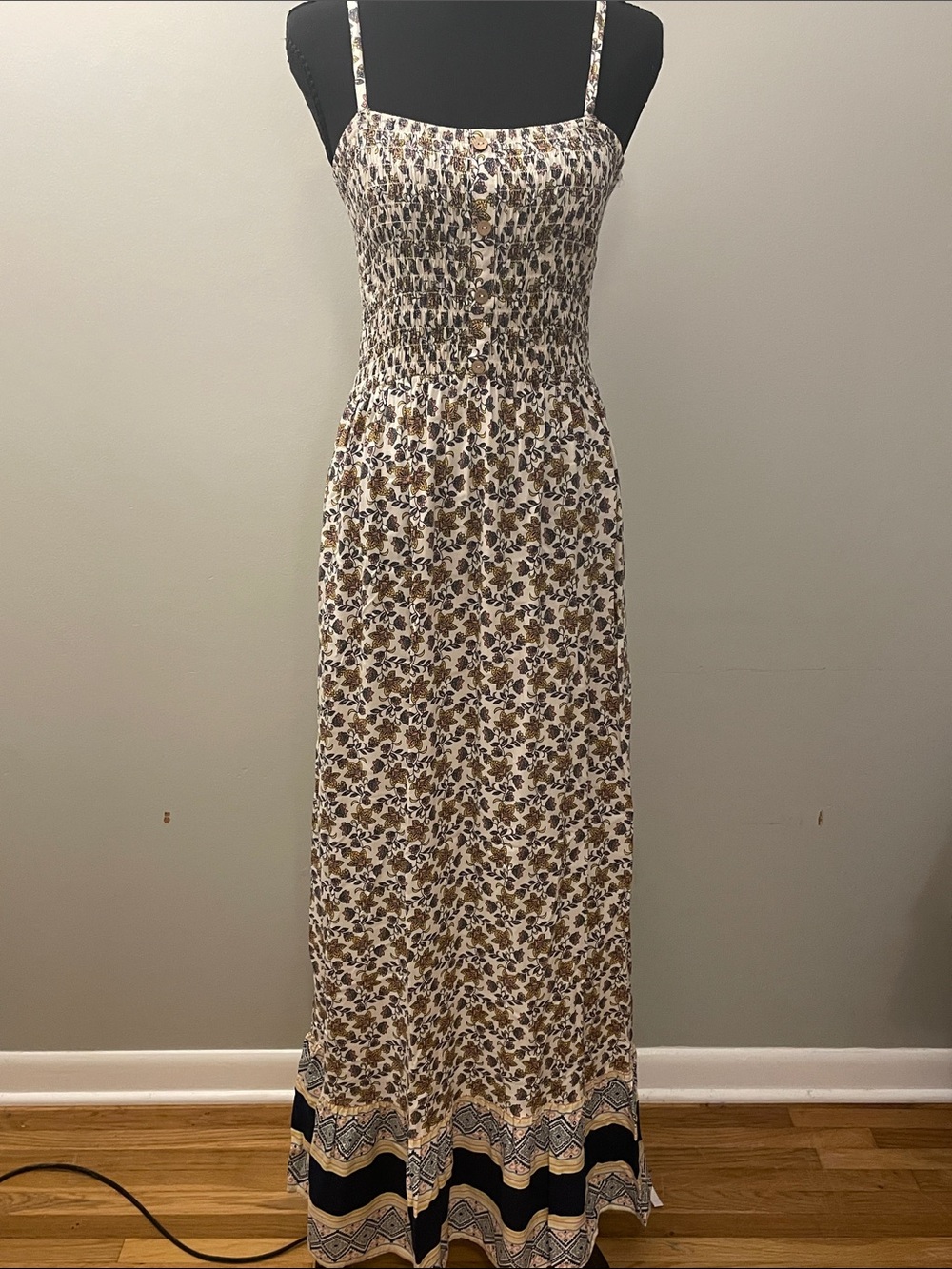 Lily Rose White Floral Smocked Maxi Dress with Brown & Navy Accents